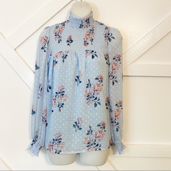 Maison d’Amelie Tops - Maison d’Amelie Floral Smocked Swiss Dot High Neck Puff Sleeve Blouse Blue Sz XS